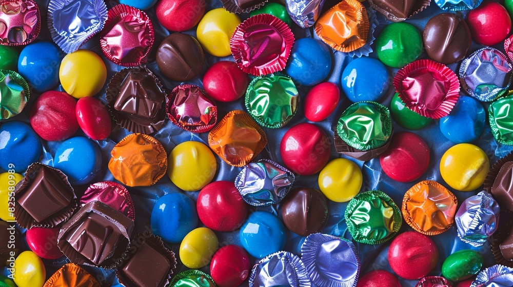 Aufkleber Close up view of many different colored chocolate candies with vibrant colors and shiny wrappers. Generative AI