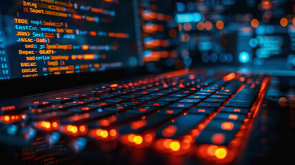 This image shows a close-up view of a computer keyboard with glowing keys, overlaid by out-of-focus digital code on a monitor, suggesting software development or coding.