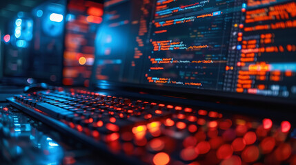 A computer workspace with a keyboard in focus and multiple monitors displaying coding software with lines of code in a dimly lit environment.