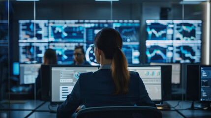 A woman working at a surveillance control center with multiple screens displaying graphs and data, with colleagues in the background. Focus on technology and teamwork.