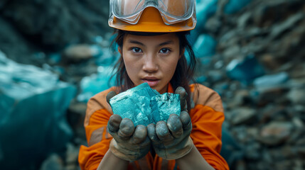 miner holds crystals of cobalt mineral