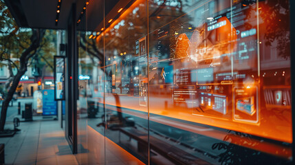 Glass windows of a modern building reflecting a busy street scene with overlaying digital graphs and data, depicting a blend of urban life and technology.