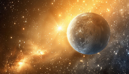 A digital artwork of a rocky exoplanet with a glowing star and nebulae in the background, representing a scene from outer space.