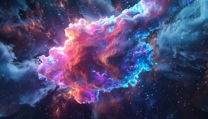 A vibrant cosmic cloud in hues of purple, blue, and orange, evoking a nebula with swirling star formations set against the dark vastness of space.