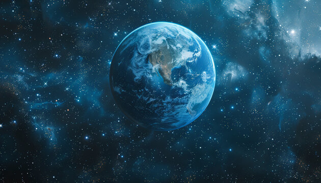 This image depicts planet Earth as viewed from space with a backdrop of stars, showcasing the planet's blue oceans and cloud-covered surface. - Powered by Adobe