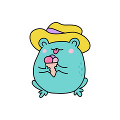 Cute cartoon frog with hat eat ice cream. Kawaii summer froggie. Baby animal for childish stickers and prints. Cartoon character for kids. Flat childish illustration on a white background