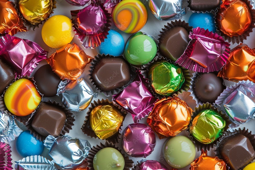 Poster a close-up view showcasing a variety of colorful chocolate candies with shiny wrappers in high detai
