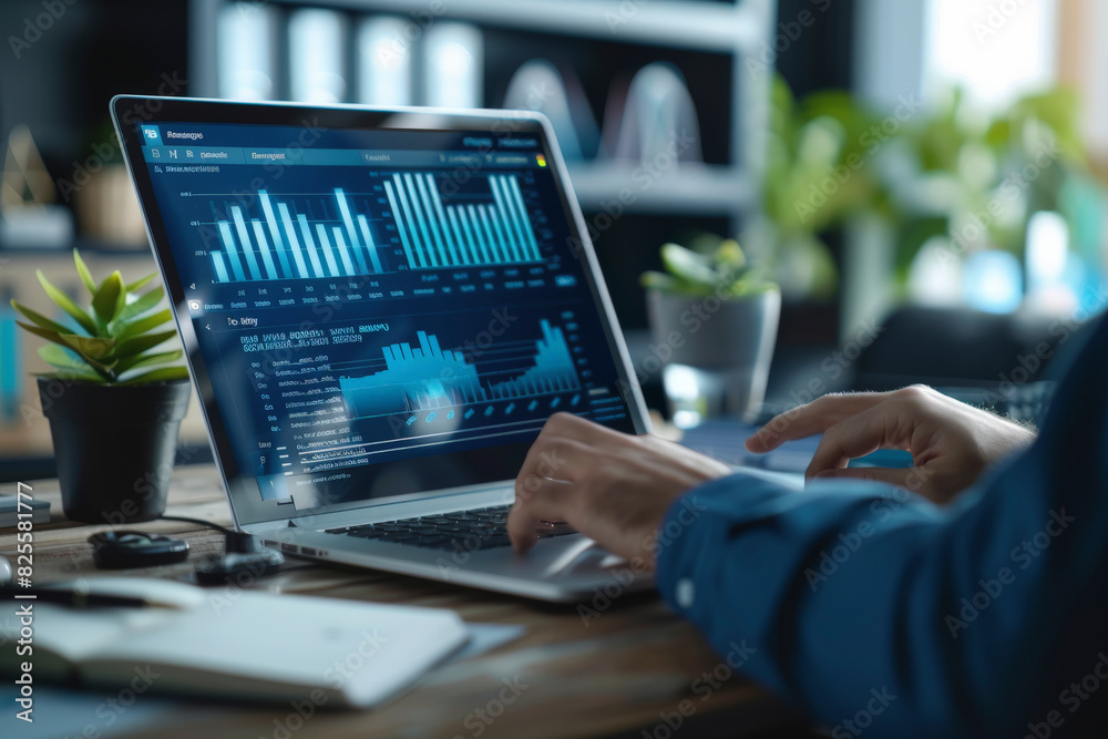 Poster person analyzing data on a laptop screen displaying graphs and charts in an office environment, sugg