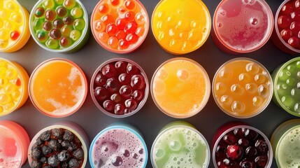 Fototapeta premium High-angle view of a colorful array of bubble tea flavors, each cup filled with tapioca pearls