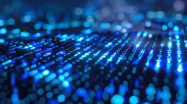 Digital binary code on a circuit board with glowing blue lights representing data processing, information technology, and cyber security in a close-up abstract visualization.