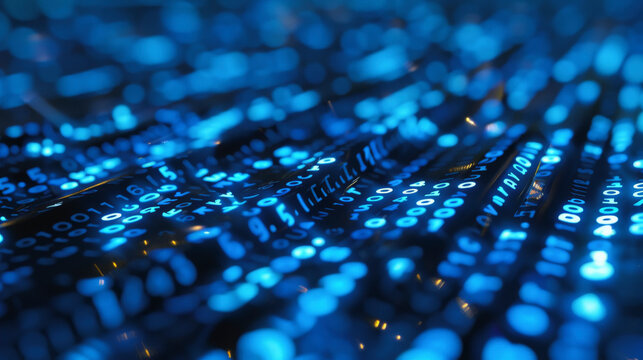 Digital binary code with blue and black color scheme, representing data, computing, or the concept of the digital world and information technology.