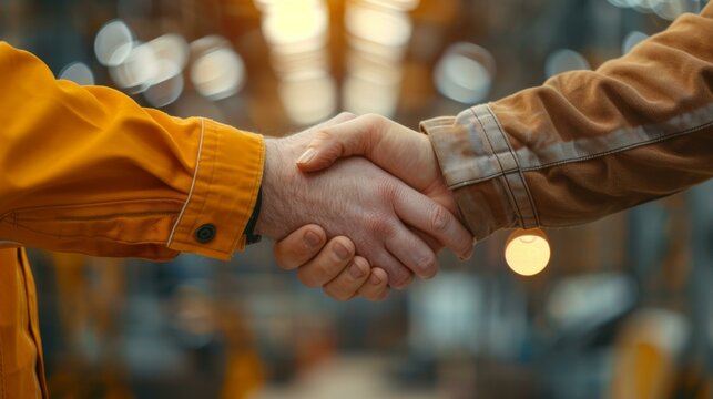 Two construction workers shaking hands over a completed project. AI.