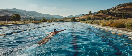 A swimmer glides through the water in an outdoor pool, surrounded by a lush landscape. AI.