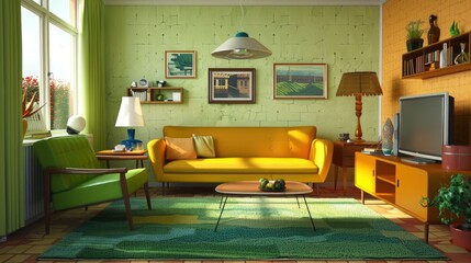 Living Room With A Playful, Retro 1950S Theme, Featuring Vintage Furniture And Bold Colors , Room Background Photos