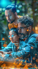 Three individuals in a tech environment, possibly colleagues, focused on a screen with digital graphics overlay suggesting collaboration on a high-tech project or analysis.