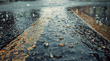 Raindrops patterning on a damp road, adding texture and ambiance to an urban scene