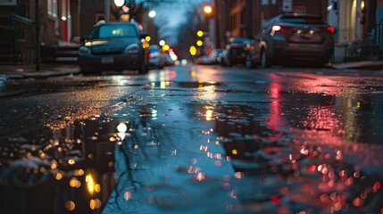 Rainy city street with puddles reflecting city lights, creating a captivating nighttime scene