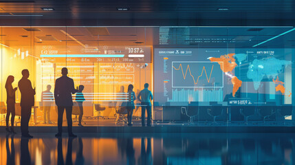 Silhouetted business people in an office with a futuristic digital interface displaying finance-related graphs and world map, illustrating modern finance or global business concept.