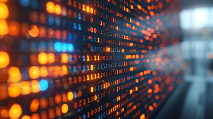 Obraz premium A digital wall display featuring glowing binary code (1s and 0s) in red and orange, representing data, computing, and the concept of digital technology.