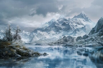 Tranquil and serene winter mountain landscape with snowy peaks. Reflective lake. Untouched waters. And pristine snowy scenery