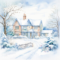 Fototapeta premium Watercolour printable winter countryside art print, English country cottage and snow, Christmas holiday, thank you and Happy Holidays diy greeting card design