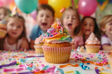 A cupcake with rainbow frosting and sprinkles sits on a table covered in confetti while four children in the background eat similar cupcakes. AI.