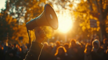 A protester holds a megaphone at a protest. AI.