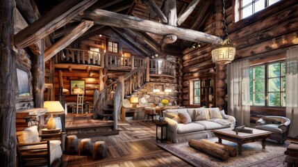 Fototapeta premium Living Room With A Rustic, Cabin-Like Feel, Room Background Photos