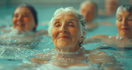 Fototapeta premium A group of elderly women having a fun and energetic water aerobics session in a pool, elderly happy people, old age