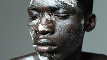Close up fashion portrait of a male afro or african model with white pigmentation. Paint on face