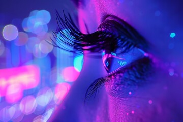 Neon lit eyelashes reflect a vivid nightlife scene, blending party vibes with a personal, intimate perspective