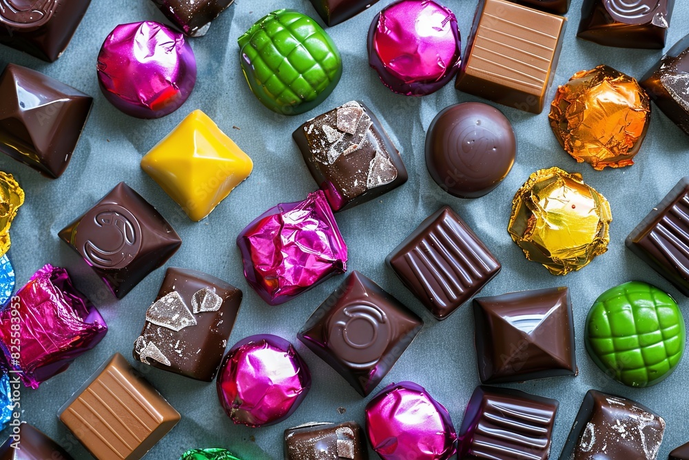 Poster Assorted colorful chocolate candies spread out on a table, showcasing vibrant colors and shiny wrappers. Generative AI