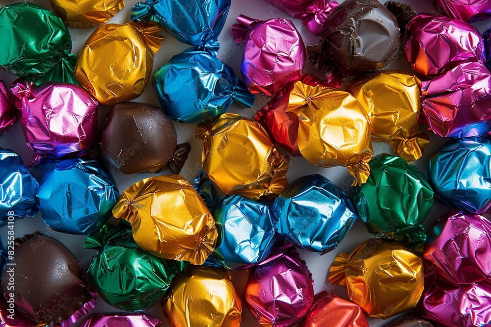 Poster a variety of colorful chocolate candies stacked on top of each other, showcasing vibrant colors and 