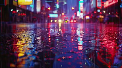 Wet asphalt road reflecting neon signs in the rain, creating a moody and atmospheric cityscape