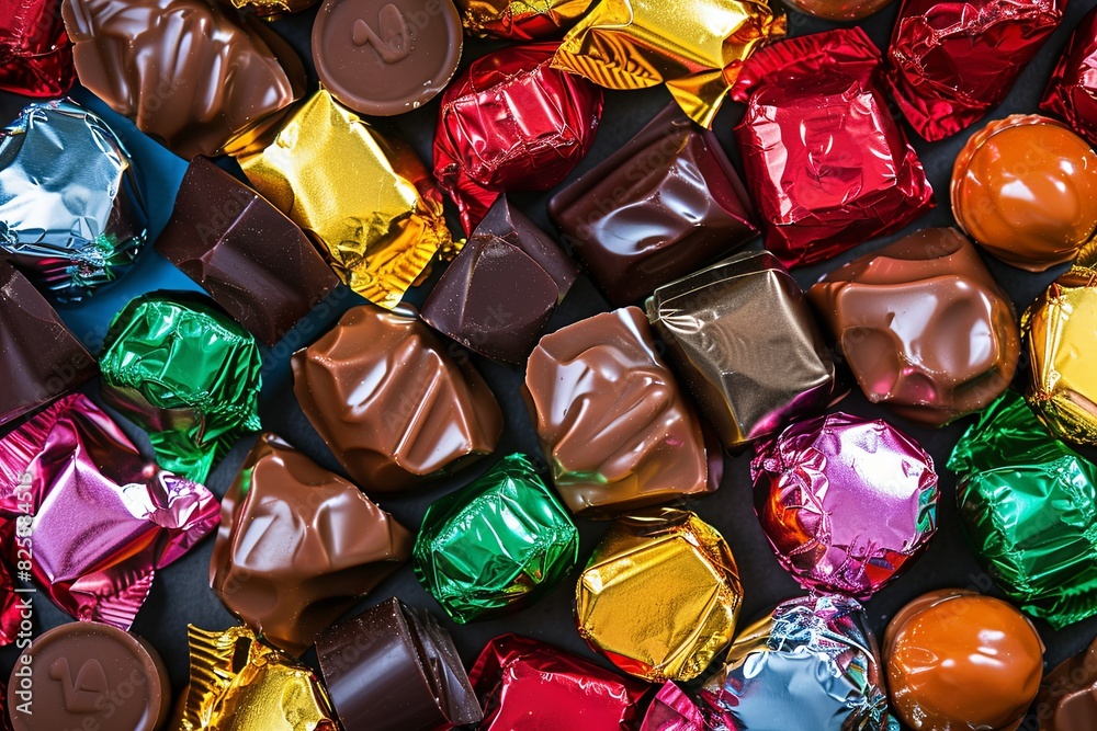 Poster colorful assorted chocolates stacked on top of each other, with shiny wrappers and vibrant colors. g