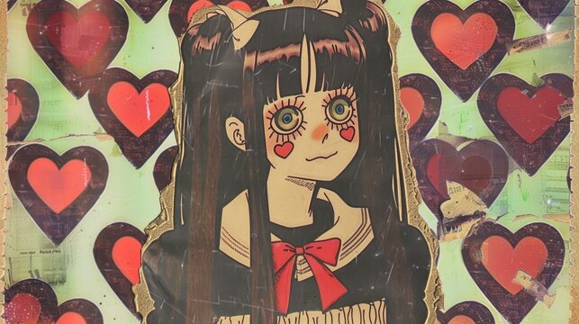 Cute Chibi LOFI Anime Manga Girl, Valentines Day Hearts Background. Anime Illustration. Photorealistic