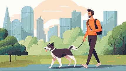Man walking dog in park for concept of pets friendl