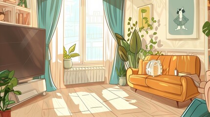 Minimal line illustration photo of anime interior home. AI generative illustration with minimal background. anime illustration. Photorealistic