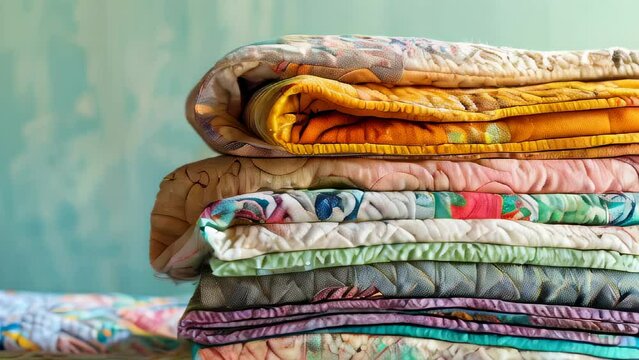 Stacked colorful quilts with intricate patterns displayed on bed