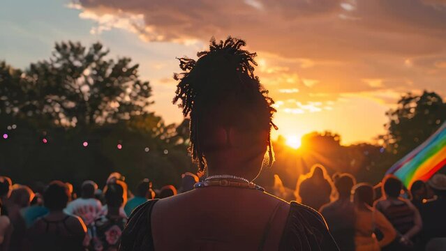 Woman with braided hair at outdoor event during sunset colorful flag visible