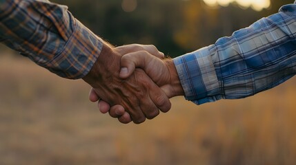 A firm handshake between two adult men of different ethnicities outdoors, symbolizing agreement and partnership.