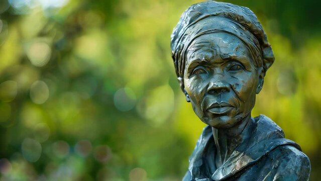 Bronze statue of African American woman outdoors