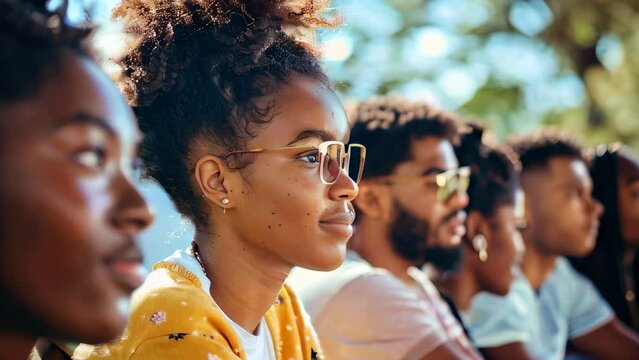 Diverse young people sitting outdoors, enjoying nature together
