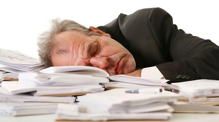Funny photo of businessman sleeping at table full of documents with pen in his nose. Isolated on white background
