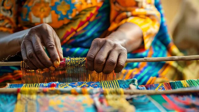 African woman weaving colorful fabric on traditional loom