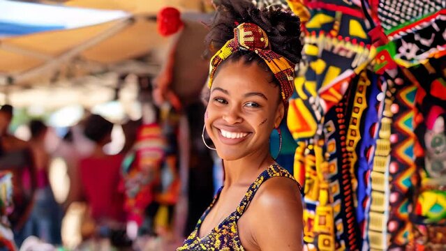 Smiling African American woman at outdoor market with vibrant patterns and colors