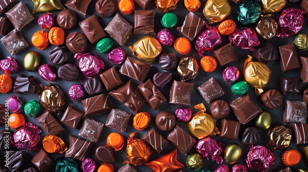 Poster a variety of vibrant, colorful chocolate candies displayed on a table with shiny wrappers. generativ
