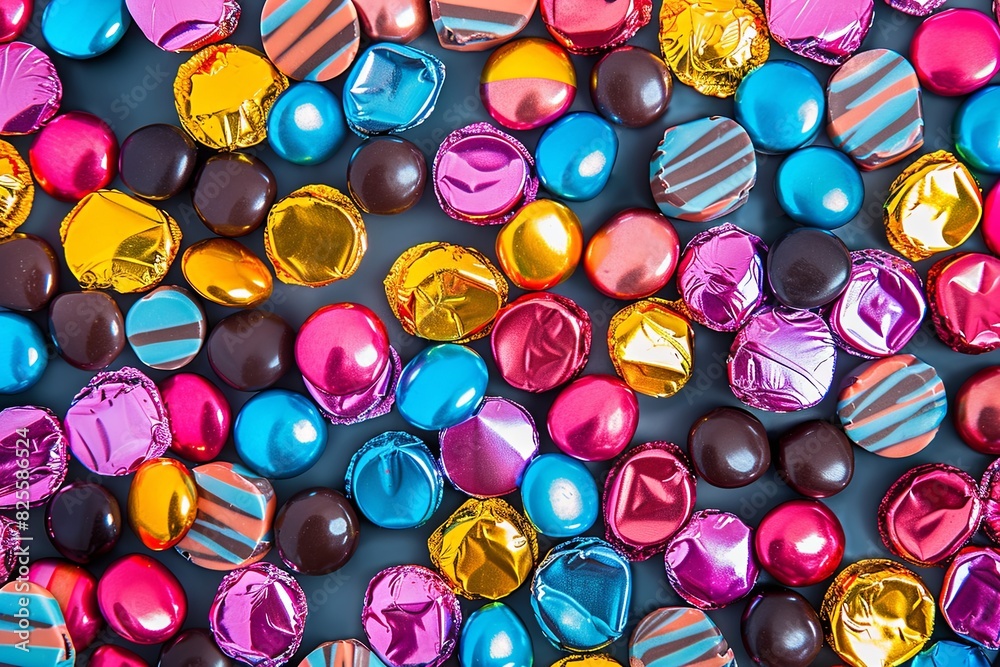 Poster Close up of vibrant assorted chocolate candies with shiny wrappers. Generative AI