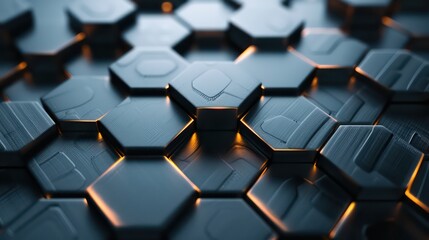 Fototapeta premium Luxury hexagonal abstract stainless steel metal background. Dark 3d geometric texture illustration