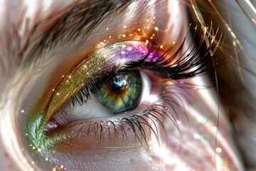 Shimmering eye reflects a festive scene, merging holiday lights with a personal gaze into urban celebrations